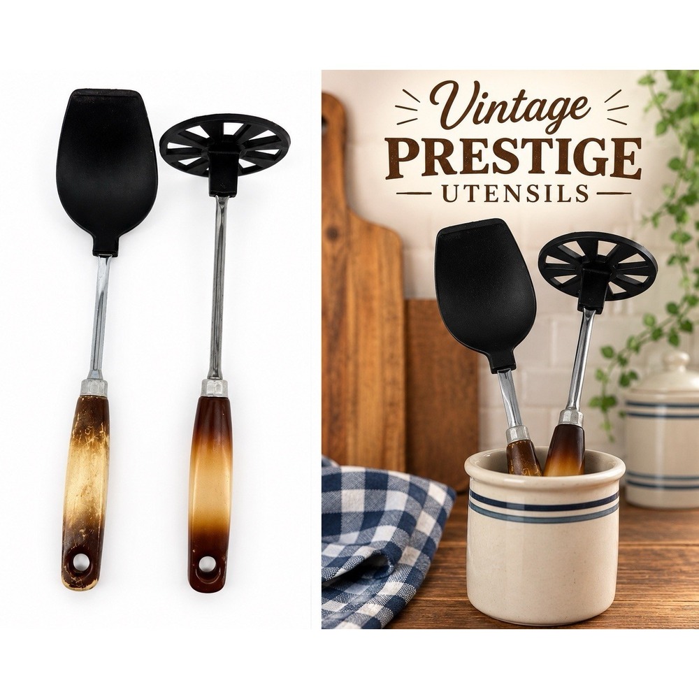 Vtg Prestige Nylon Kitchen Utensils Lot Spoon Potato Masher Brown Rustic Handles
